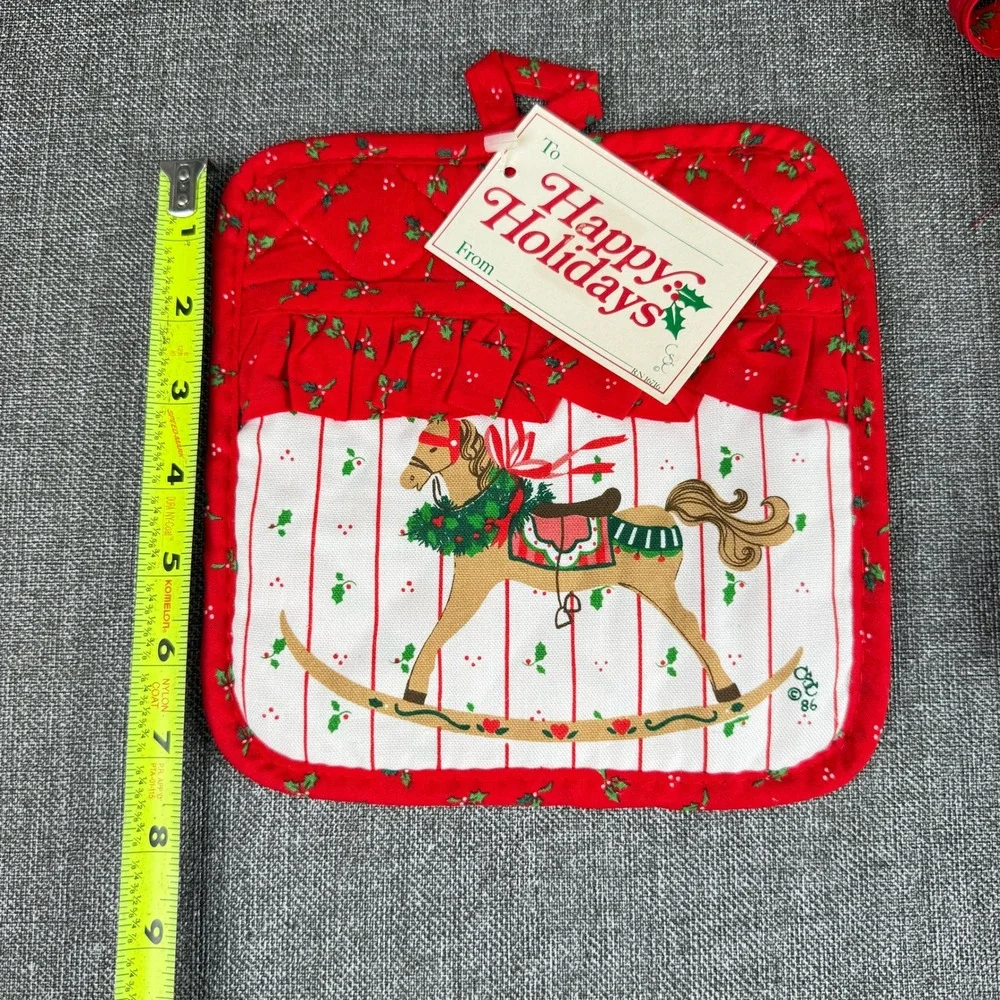 Vintage 1986 Christmas Rocking Horse Pot Holder Oven Mitt Set Hiliday Gift